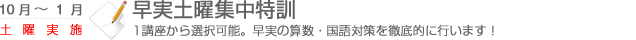 早実土曜集中特訓　1講座から選択可能。苦手科目を徹底的に伸ばす！