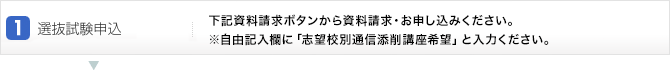 1.選抜試験申込:下記資料請求ボタンから資料請求・お申込みください