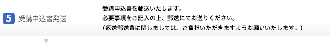 5.受験申込書発送:受験申込書を郵送いたします。必要事項をご記入の上、本社教務部まで郵送にてお送りください。(返送郵送費に関しましては、ご負担いただきますようお願いいたします。)