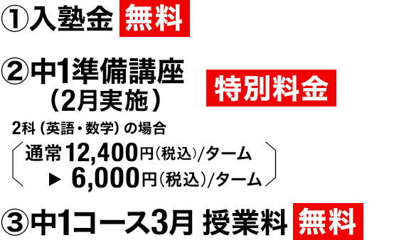 ①入塾金 無料　②中1準備講座（2月実施） 特別料金 2科（英語・数学）の場合［通常12,400円（税込）／ターム▶6,000円（税込）／ターム］　③中1コース3月授業料 無料