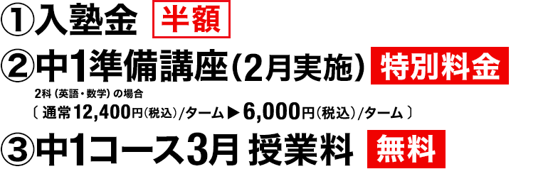 ①入塾金 半額　②中1準備講座（2月実施） 特別料金 2科（英語・数学）の場合［通常12,400円（税込）／ターム▶6,000円（税込）／ターム］　③中1コース3月授業料 無料