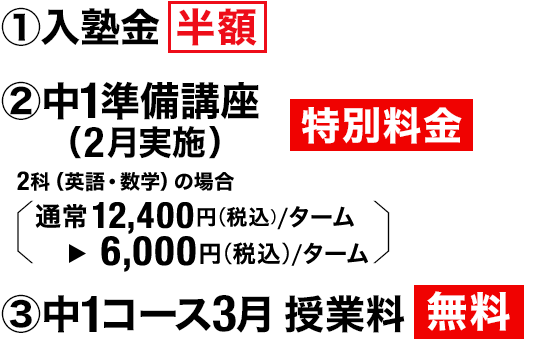 ①入塾金 半額　②中1準備講座（2月実施） 特別料金 2科（英語・数学）の場合［通常12,400円（税込）／ターム▶6,000円（税込）／ターム］　③中1コース3月授業料 無料