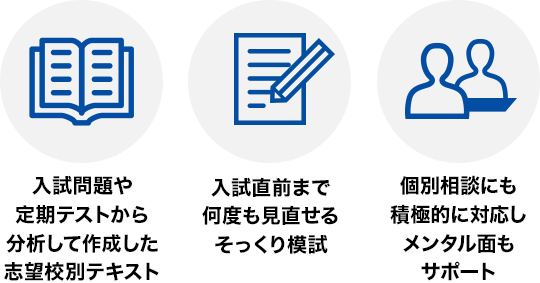 入試問題や定期テストから分析した志望校別テキスト 入試直前まで何度も見直せるそっくり模試 個別相談にも積極的に対応しメンタル面もサポート