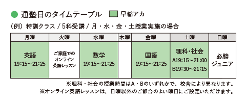 (例)特訓クラス/5科受講/月・水・金・土授業実施の場合