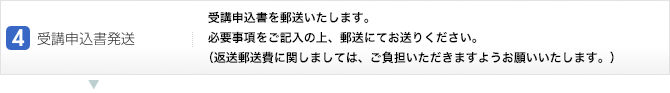 5.受験申込書発送:受験申込書を郵送いたします。必要事項をご記入の上、本社教務部まで郵送にてお送りください。(返送郵送費に関しましては、ご負担いただきますようお願いいたします。)