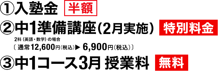①入塾金 半額 ②中1準備講座(2月実施) 特別料金 ③中1コース3月 授業料 無料